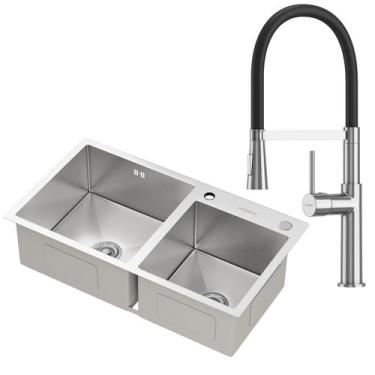 Imagem de Kit Cuba Dupla Gourmet Nápoles Aço Inox 304 e Torneira Gourmet Bélgica