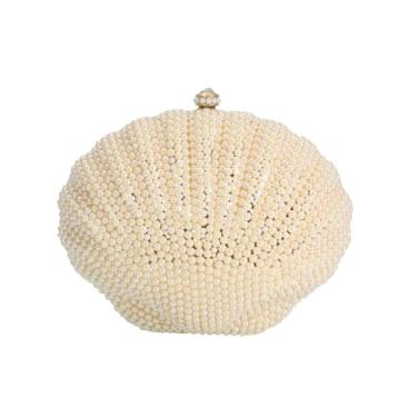 Imagem de NDGET Bolsa feminina elegante em forma de concha pérola para noite bolsa de mão moderna corrente para festa de casamento formatura, Pérola branca