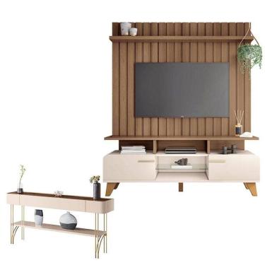 Imagem de Rack Bancada Essenza E Painel Link 1.6 Com Aparador Vivant Off White Castanho - Hb Móveis