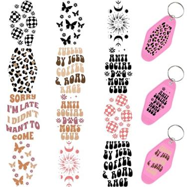 Imagem de 60 peças de papéis de transferência de chaveiro UV DTF - Decalques de vinil para chaves e etiquetas de bagagem, desenhos engraçados com revestimento resistente a arranhões, papéis de transferência