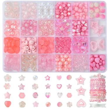 Imagem de MakemadeDIY Kit de fabricação de pulseiras de contas de acrílico rosa, 404 peças, flor, coração, estrela, redonda, pulseira da amizade, para fazer joias, colares, brincos, chaveiros, presente de