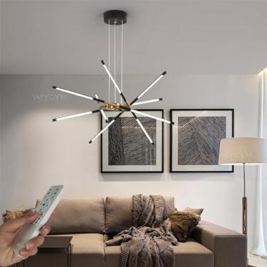 Imagem de Luminária pendente LED moderna, preta e dourada, dimerizável, 80 cm de comprimento, para sala de estar, com efeito fogos de artifício, lustre, iluminação de teto para quarto, cozinha, sala d
