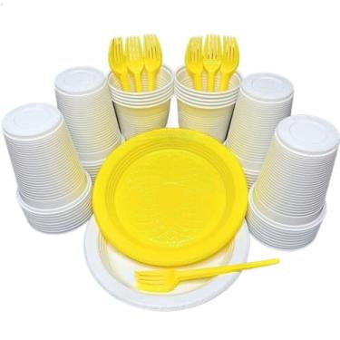 Imagem de Kit 300 Itens Festa Aniversário Descartáveis Plástico Colorido Perolado 100 Pessoas Completo Pratinho Garfinhos Copos (Branco Amarelo)