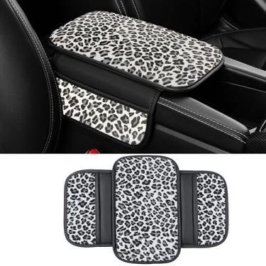 Imagem de Dotesy Capa de console central de carro padrão de vaca, almofada de apoio de braço de carro de couro de microfibra com 2 sacos de armazenamento, caixa de armazenamento universal para carro acessórios