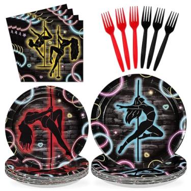 Imagem de Greencian 96 peças de artigos de festa de aniversário de pole dance pratos descartáveis de papel de dança para meninas, decorações de aniversário de despedida de solteira, serve 24 pessoas