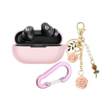 Imagem de Capa para Beats Solo Buds Capa com chaveiro de flor, linda capa protetora de silicone macio à prova de choque para fones de ouvido sem fio Beats Solo Buds com mosquetão para mulheres e meninas (rosa)