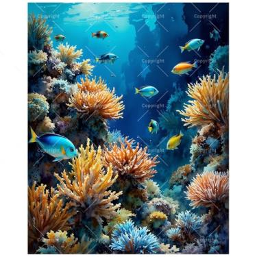Imagem de Kit de pintura Ocean Life por números para adultos – Pintura subaquática de peixes coloridos e recifes de corais em tela, 20 x 30 cm, conjunto de tinta acrílica emoldurada, adequado para iniciantes