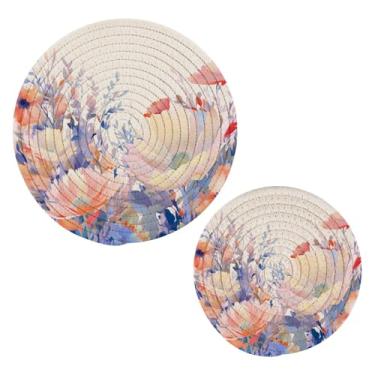 Imagem de Blueangle 2 peças de porta-panelas coloridas de flores silvestres - conjunto de pegadores de panela de tecido redondo - almofadas quentes trançadas de algodão - porta-copos - tapetes de mesa para