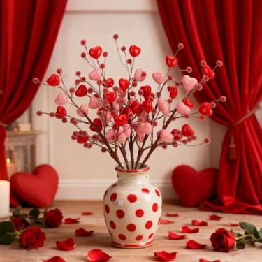 Imagem de OBDXZHC 4 peças de palitos artificiais de 15,7 polegadas para Dia dos Namorados em forma de coração, ramo de flor de baga falsa, para dia dos namorados, dia das mães, jantar de casamento, aniversário