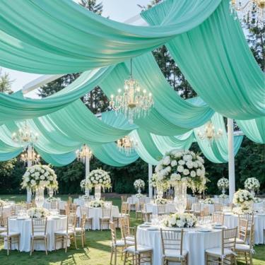 Imagem de Cortina de teto azul-petróleo de 1,5 m × 20 pés para festas de casamento, tecido drapeado de poliéster sem vincos, cortina verde menta para festa, barraca, hotel, banquete, salão, decoração de teto