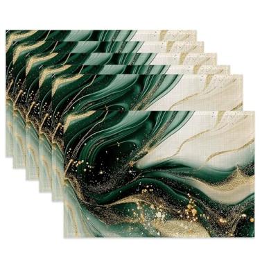 Imagem de Jogo americano de pano, jogo americano de tecido de mármore dourado verde, conjunto de 6, tapetes de mesa modernos laváveis, tapetes decorativos para jantar, casa, cozinha, festas de fim de ano, 29 x