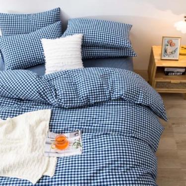 Imagem de LifeTB Capa de edredom azul royal guingham solteiro, 100% algodão lavado, azul escuro, xadrez, 3 peças, jogo de cama xadrez moderno, macio, confortável, capa de edredom xadrez respirável