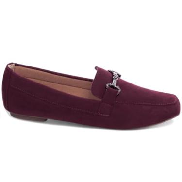 Imagem de MOCASSIM FEMININO BICO ALONGADO CAMURÇA VINHO MARSALA,ENFEITE BRIDÃO EM ABS NA COR GRAFITE, NÚMERO 37