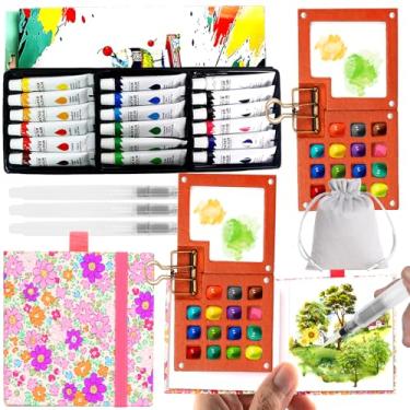 Imagem de Mini conjunto de tintas de aquarela portátil para viagem e bolso paleta de tinta de madeira com clipe de metal, conjuntos de tintas de cor de água de 18 cores com caderno de desenho e caneta de água