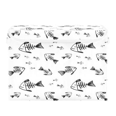 Imagem de Wassud Cestas de armazenamento com tampas, esqueletos de peixe preto, cestas organizadoras de tecido empilháveis dobráveis para armário, 40 x 30 x 30 cm, recipientes dobráveis de armazenamento