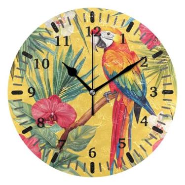 Imagem de CEBUGI Pássaros plantas tropicais relógio de parede operado por bateria relógios redondos silenciosos sem tique-taque relógios de parede para cozinha, banheiro, quarto, escritório, decoração 25,4 cm