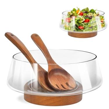 Imagem de PROLEE Conjunto de tigela de salada transparente, tigelas grandes de salada de vidro com servidores de base de madeira maciça, tigelas de servir saladas elegantes para utensílios de cozinha e festas