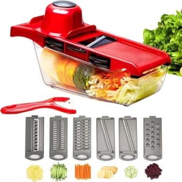 Imagem de Cortador de Alimentos Mandolina Multifuncional 6 em 1 (Vermelho) | Ralador, Fatiador e Descascador de Legumes | 5 Lâminas Aço Inox + Protetor de Mão | Recipiente 800ml Antiderrapante | Prático