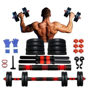 Imagem de Kit Halteres 6 em 1 Peso Musculação até 15kg Ajustável Preto - Multifuncional com Barra e Kettlebell