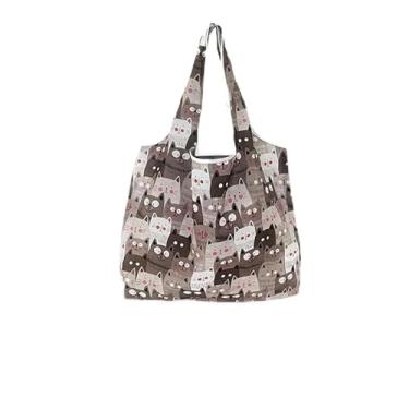Imagem de 1 bolsa de compras grande dobrável, bolsa de compras reutilizável, bolsa de mão portátil à prova d'água para mulheres - estampa de gato marrom
