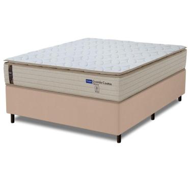 Imagem de Cama Box Casal Probel Molas Ensacadas Pillow Top 138x188x68cm Guarda Costas Genova Branco/bege