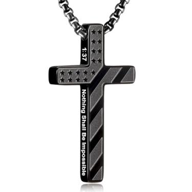 Imagem de RWQIAN Colar de cruz com bandeira americana para homens, corrente masculina com pingente de cruz e versículo da Bíblia de aço inoxidável, colar de crucifixo para cristãos, adolescentes, batismo