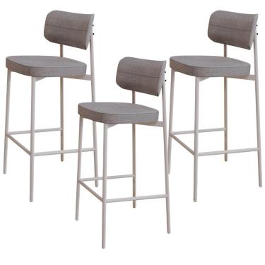 Imagem de Kit 03 Banquetas Alta Bar Cozinha Sala De Jantar Aço Branco Kaira C01 Linho Cinza - Lyam Decor