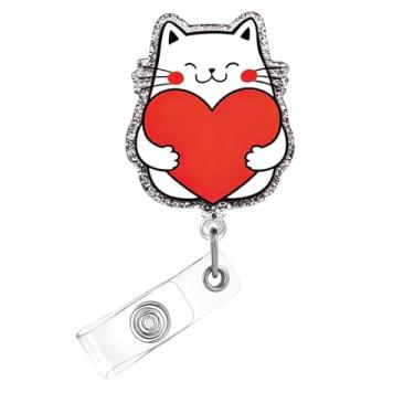 Imagem de Carretel de crachá de dia dos namorados, crachá de acrílico de gato fofo para crachá de identificação, suporte retrátil telescópico, acessórios de clipe de jacaré com desenhos de coração para