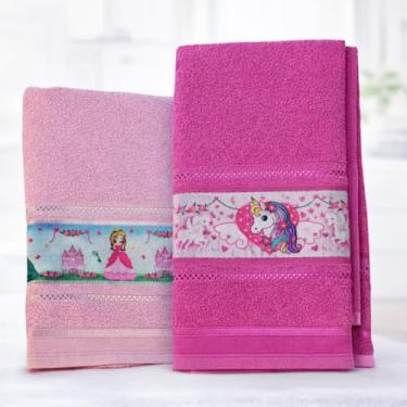 Imagem de KIT 2 Toalhas de Banho Infantil Felpuda Para Criança Com Faixa Decorada (Menina - Rosa Princesa e Pink Unicórnio)