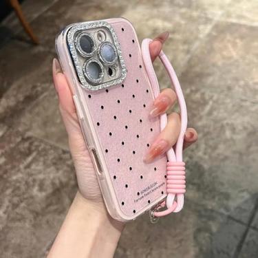 Imagem de Capa protetora de silicone com alça de pulso Dot para iPhone 16 15 14 13 12 11 Pro Max Plus, cordão transparente e glitter brilhante, rosa, para iPhone 12 Pro Max