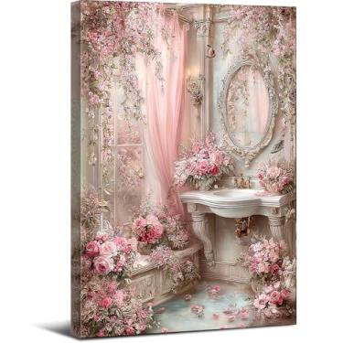 Imagem de Arte de parede romântica vintage rosa em tela de banheiro, pôsteres de pia rosa, para decoração de casa de banho, pronto para pendurar, impressão emoldurada de 30 x 40 cm