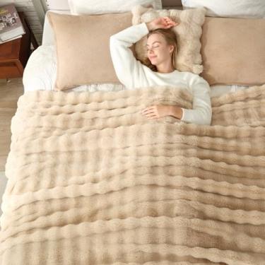 Imagem de Cozy Bliss Cobertor de pele sintética para sofá, cobertor de pelúcia com bolhas, tamanho king, cobertor macio e espesso para cama, sofá, sala de estar, 272 x 232 cm, bege