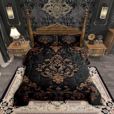 Imagem de Erosebridal Conjunto de edredom gótico preto e marrom, tamanho king, vintage, boho damasco, floral, boêmio, exótico, gótico, para crianças e adultos, conjunto de cama de flores barroco vitoriano, 3