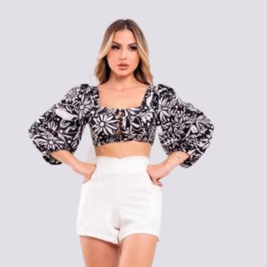 Imagem de Conjunto Feminino Cropped Manga Longa Short Cintura Alta - Bellucy Mod