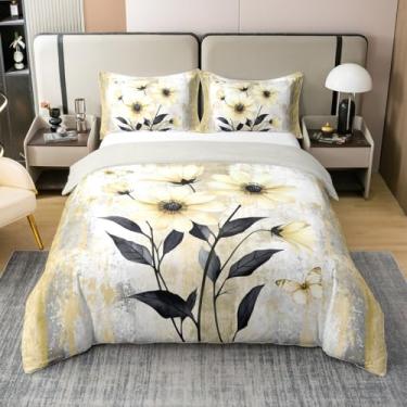 Imagem de Erosebridal Capa de edredom 100% algodão com pintura a óleo abstrata, tamanho duplo, rústico, casa de fazenda, aquarela, margaridas, conjunto de cama amarelo ombré, para mulheres, meninas e adultos