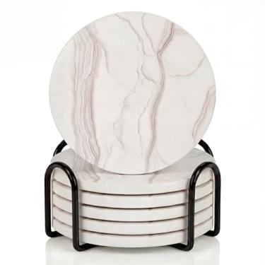 Imagem de VEYRO Conjunto de 6 porta-copos para bebidas – Porta-copos de cerâmica absorvente com suporte de cortiça para mesa de centro e mesa, conjunto de porta-copos moderno com aparência de mármore, presente