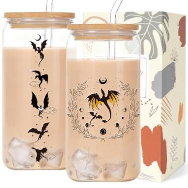 Imagem de Shejdgart Presentes de dragão para mulheres copos de vidro - copo de vidro com canudo e tampa, presente de dragão para mulheres irmã melhor amiga colegas de trabalho melhor professora aniversário