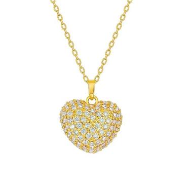 Imagem de ONLYJUMP Colar feminino banhado a ouro 14K delicado com pingente de coração de strass colar com pingente de coração duplo, Large, Liga de aço, Zircônia cúbica