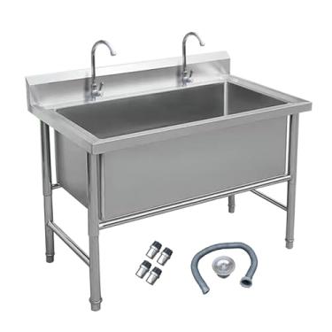 Imagem de Pia de aço inoxidável independente, pia de tigela única grande, lavatório de lavagem de preparação e utilidade, banheira de lavanderia de nível comercial, com kit de drenagem e torneira (100 cm/39,4