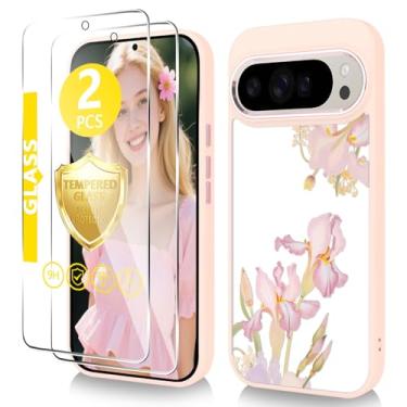 Imagem de Govmeie Capa para Google Pixel 9 Pro XL com protetor de tela de vidro temperado fino TPU e PC rígido, capa feminina com estampa floral cristalina - lótus/preta