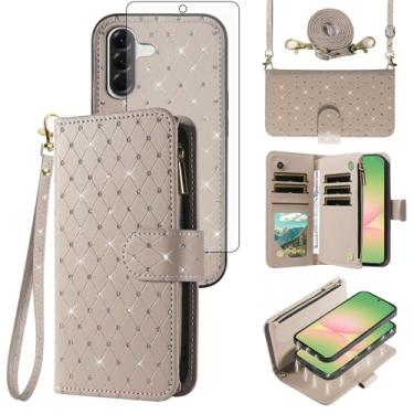 Imagem de Asuwish Capa de celular para Samsung Galaxy A56 5G carteira com zíper destacável capa de celular magnética com protetor de tela alça transversal alça com glitter compartimentos para cartão A 56 56A