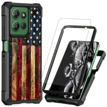 Imagem de ACWDMKH Capa para celular Moto G Stylus 5G 2025 com protetor de tela [vidro temperado] proteção de camada dupla à prova de choque de silicone para Moto G 5G Stylus 2025, bandeira americana de madeira