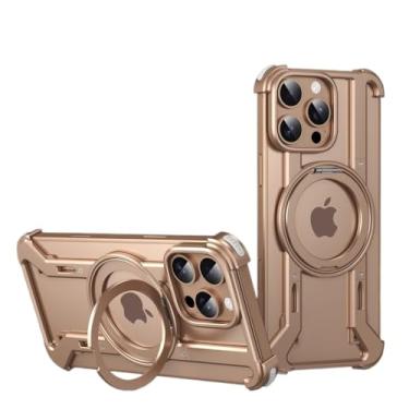Imagem de SNIDII Capa de telefone de metal com suporte magnético para iPhone 16 15 Pro Max, suporte de rotação de 360°, capa de telefone oca de liga de alumínio luxuosa (ouro deserto, iPhone 16 Pro)