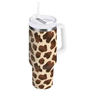 Imagem de SEHANY Copo de vaca marrom e branco de 850 g com alça, copo isolado de aço inoxidável a vácuo de parede dupla, à prova de vazamento, caneca de café isolada para viagem cabe no suporte de copo de carro