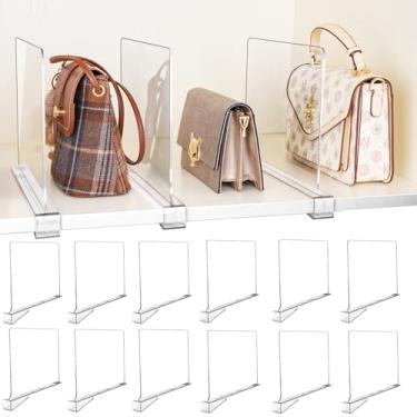 Imagem de Pacote com 12 divisórias de prateleira, divisórias ajustáveis para organização de armário com design antiderrapante, divisórias de prateleira de acrílico transparente para roupas, bolsas, bolsas