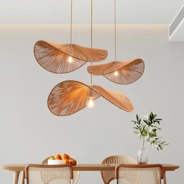 Imagem de Luminária pendente boho de rattan E27 com corda de cânhamo, estilo vintage rústico, para sala de jantar, com cúpula artesanal em estilo wabi-sabi, ideal para restaurantes, quartos, salas de