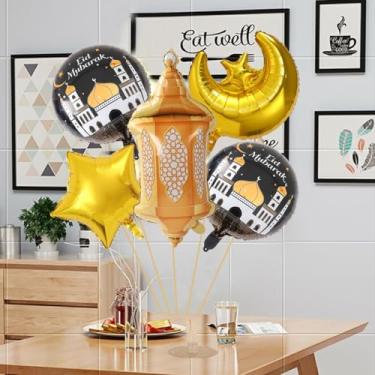 Imagem de Conjunto de balões de alumínio Ramadan Mubarak, reutilizável preto dourado lua estrela lanterna balão de folha de alumínio, decorações suspensas islâmicas para festa de celebração de férias muçulmanas