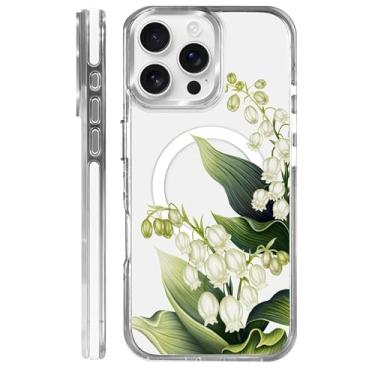 Imagem de Goodsprout Capa para iPhone 16 Pro, compatível com MagSafe. O silicone TPU transparente protege a capa de telefone de quedas, escorregões e impressões digitais. Flores verdes do sino de vento