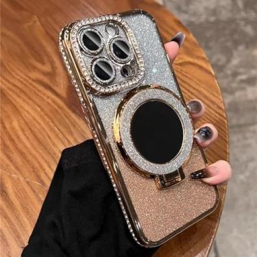 Imagem de HTVJFX Suporte de espelho com revestimento de luxo para iPhone 15 Plus, moldura, capa protetora de lente (para iPhone 15 Plus/capa com suporte dourada)