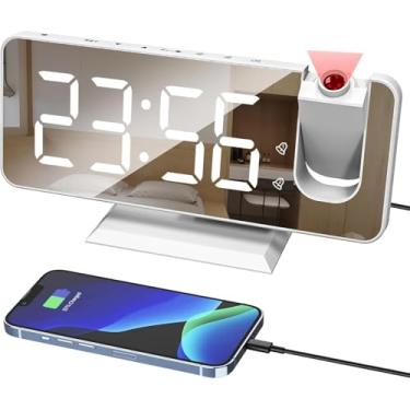Imagem de Despertador Digital Despertador De Projeção Relógio De Cabeceira Digital Com Projetor De 180 ° 7,4 '' Tela De Espelho Grande Porta De Carregamento Usb 4 Níveis D, White White, One Size